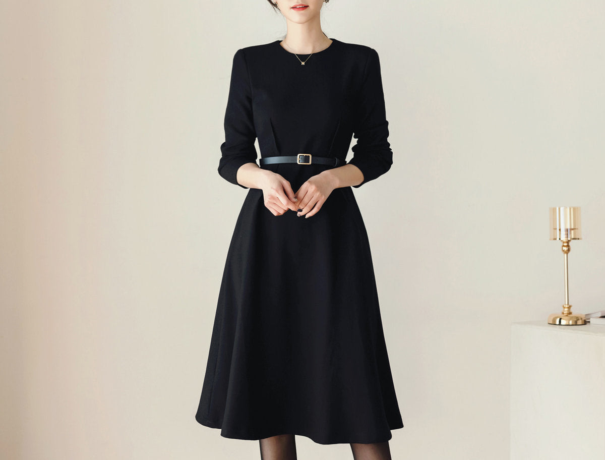 Classic Simple Flare Dress with Belt / Korean Style Women Long Dress / Elegant Feminin Dress / Basic Style Long Sleeve Flare Midi Dress