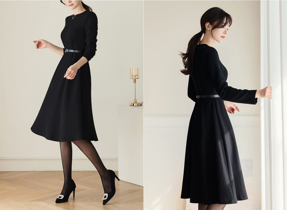 Classic Simple Flare Dress with Belt / Korean Style Women Long Dress / Elegant Feminin Dress / Basic Style Long Sleeve Flare Midi Dress