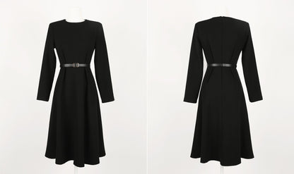 Classic Simple Flare Dress with Belt / Korean Style Women Long Dress / Elegant Feminin Dress / Basic Style Long Sleeve Flare Midi Dress