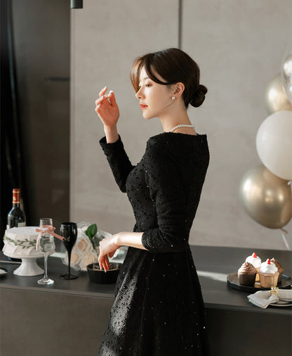 Elegant Feminin Long Sleeve Boat Neck Flare Dress / Korean Style Classic Midi Dress / Basic Long Sleeve Sequin Party Dress