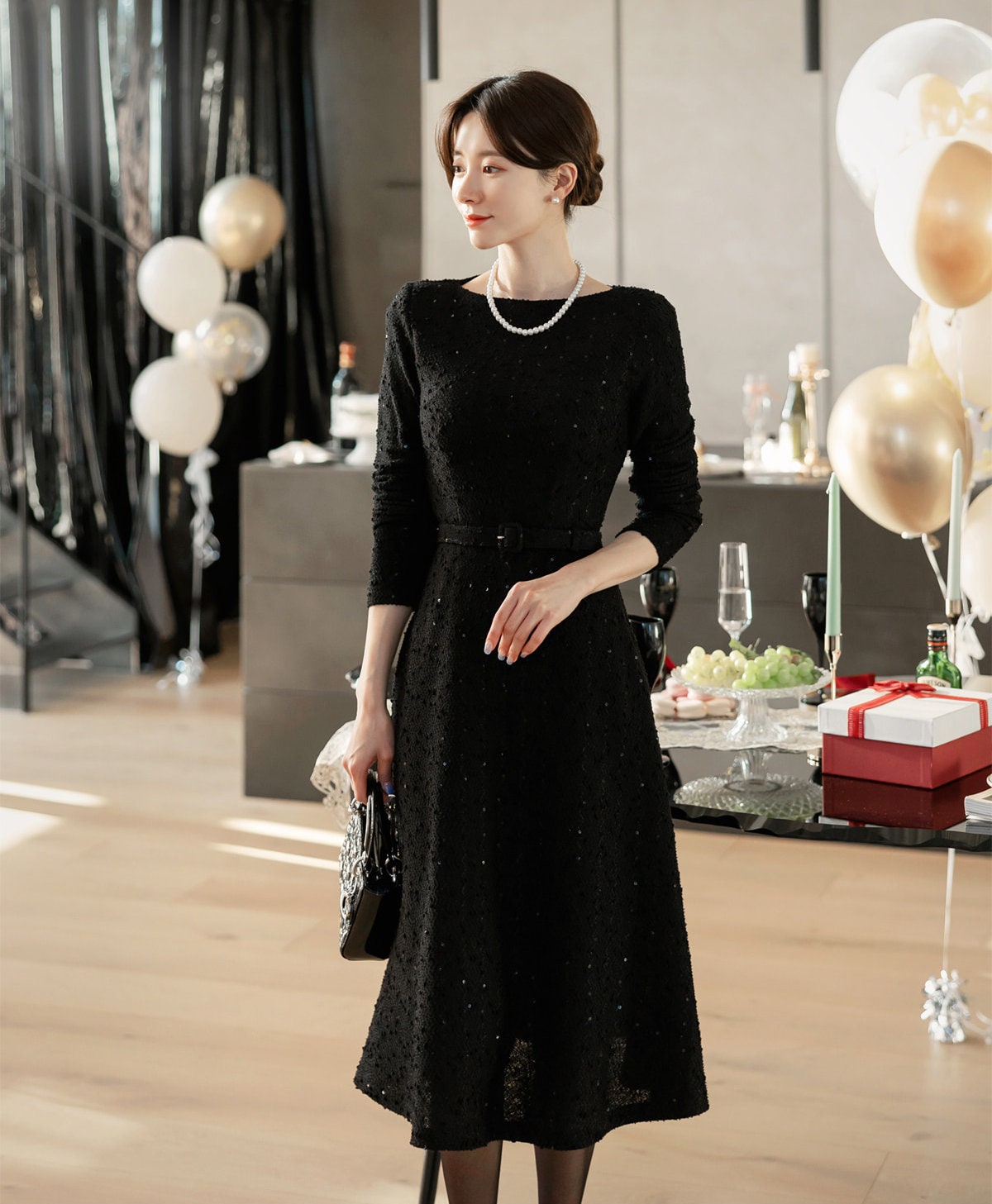 Elegant Feminin Long Sleeve Boat Neck Flare Dress / Korean Style Classic Midi Dress / Basic Long Sleeve Sequin Party Dress