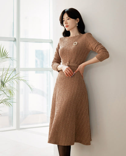 Elegant Feminin Long Sleeve Boat Neck Flare Dress / Korean Style Classic Midi Dress / Basic Long Sleeve Sequin Party Dress