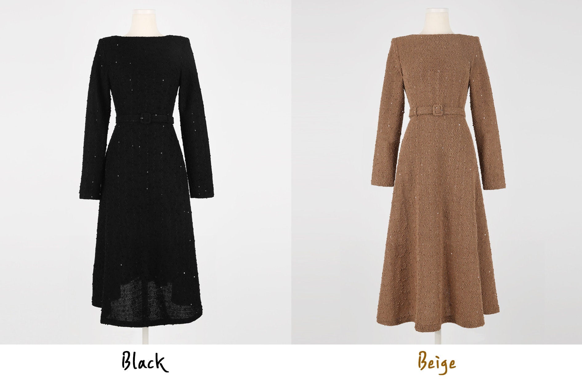 Elegant Feminin Long Sleeve Boat Neck Flare Dress / Korean Style Classic Midi Dress / Basic Long Sleeve Sequin Party Dress