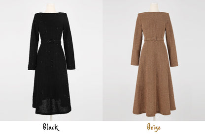 Elegant Feminin Long Sleeve Boat Neck Flare Dress / Korean Style Classic Midi Dress / Basic Long Sleeve Sequin Party Dress