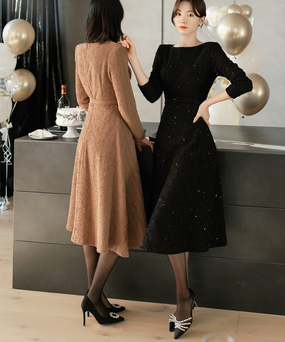 Elegant Feminin Long Sleeve Boat Neck Flare Dress / Korean Style Classic Midi Dress / Basic Long Sleeve Sequin Party Dress