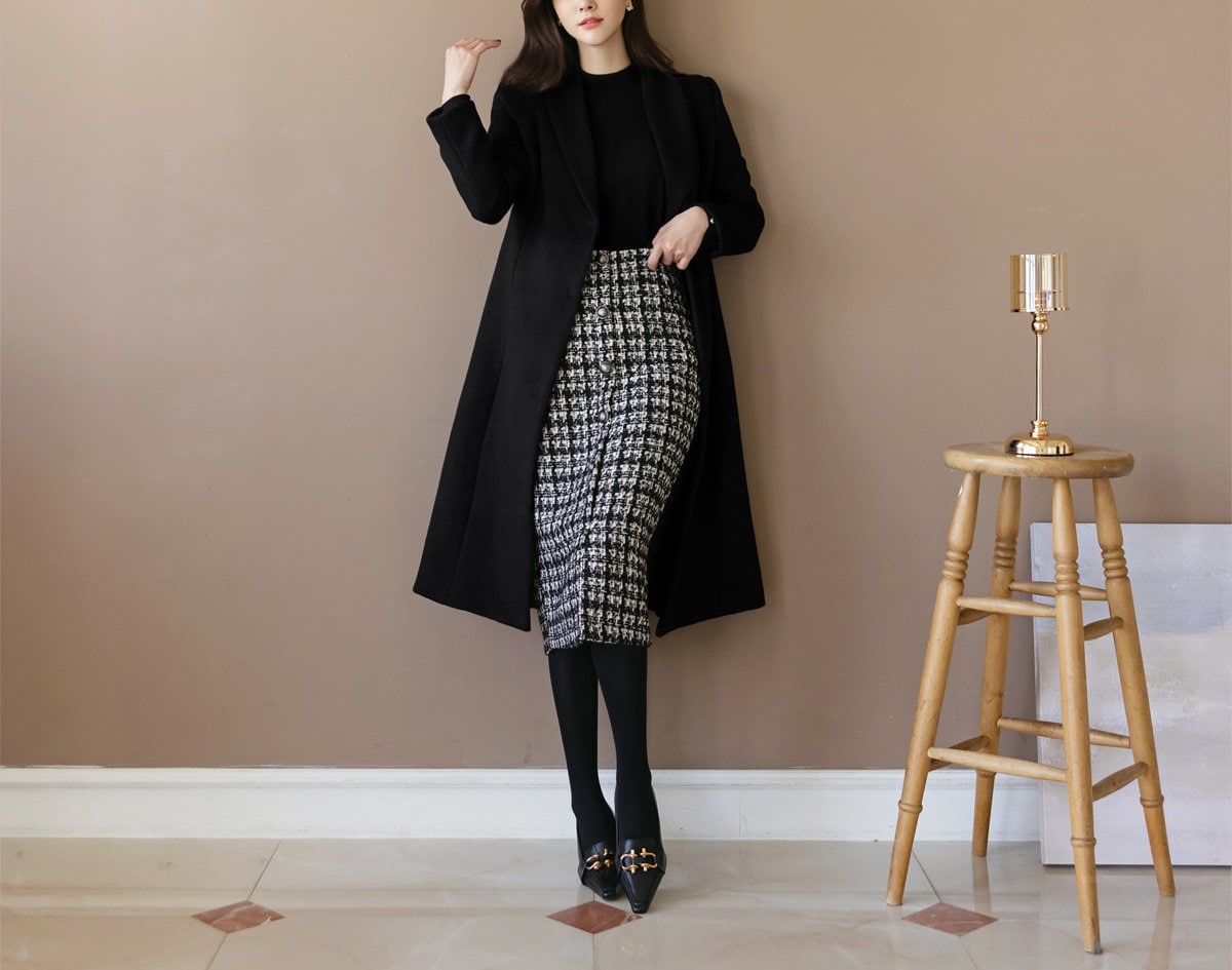 Elegant Tweed Skirt / Korean Style Slim Midi Skirt / Elegant Office Look Skirt / Glamorous Feminine Warm Skirt