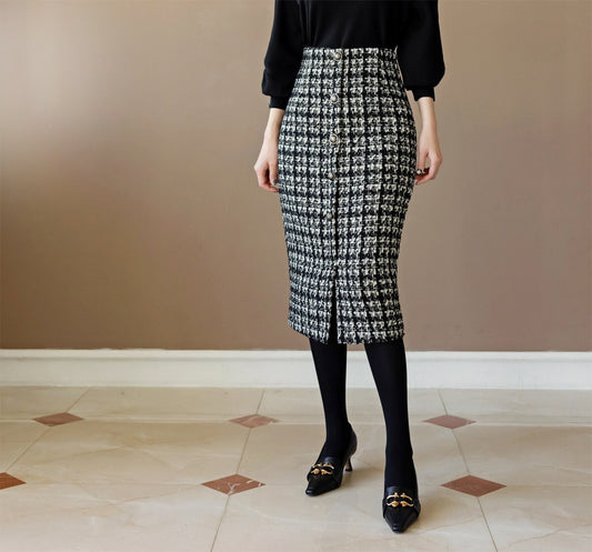 Elegant Tweed Skirt / Korean Style Slim Midi Skirt / Elegant Office Look Skirt / Glamorous Feminine Warm Skirt