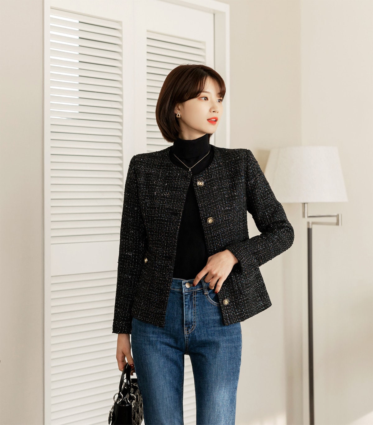 Elegant Tweed Jacket Blazer/ Korean Style Classic Cardigan Autumn Blazer / Long Sleeve Soft Jacket