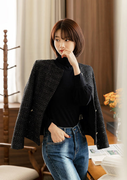 Elegant Tweed Jacket Blazer/ Korean Style Classic Cardigan Autumn Blazer / Long Sleeve Soft Jacket