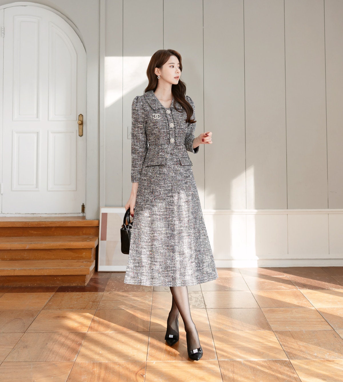 Classic Elegant Tweed Dress with Jewel Button / Korean Style Feminine Midi Dress / Luxury wear Elegant Party Dress