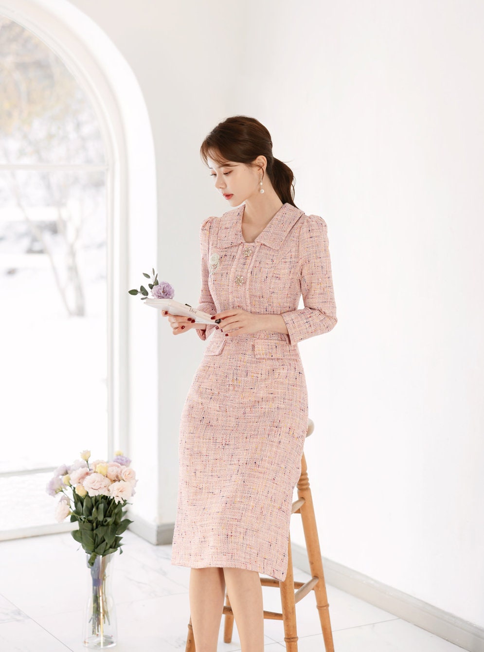 Classic Elegant Tweed Dress with Jewel Button / Korean Style Feminine Midi Dress / Luxury wear Elegant Party Dress