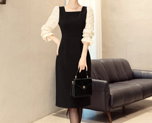 Feminine Elegant Square Neck Dress, Korean Style Midi Dress with Long Sleeve / Elegant Luxury Dress