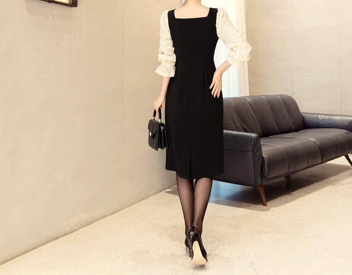 Feminine Elegant Square Neck Dress, Korean Style Midi Dress with Long Sleeve / Elegant Luxury Dress