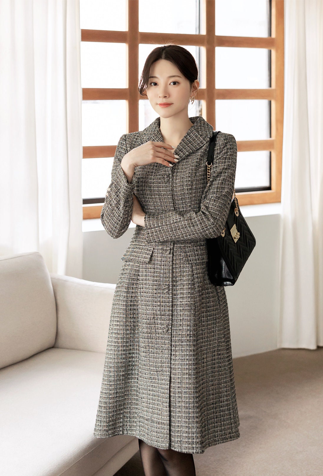 Elegant Classic Tweed Dress / Korean Style Feminine Mini Dress / Luxury wear Elegant Midi Dress