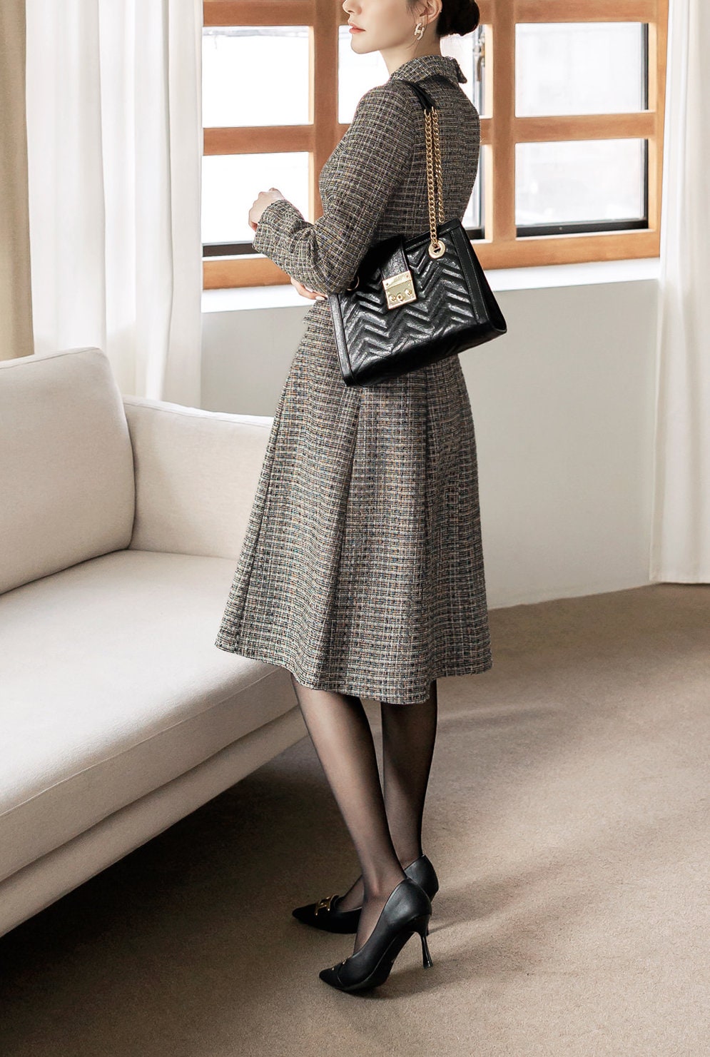 Elegant Classic Tweed Dress / Korean Style Feminine Mini Dress / Luxury wear Elegant Midi Dress