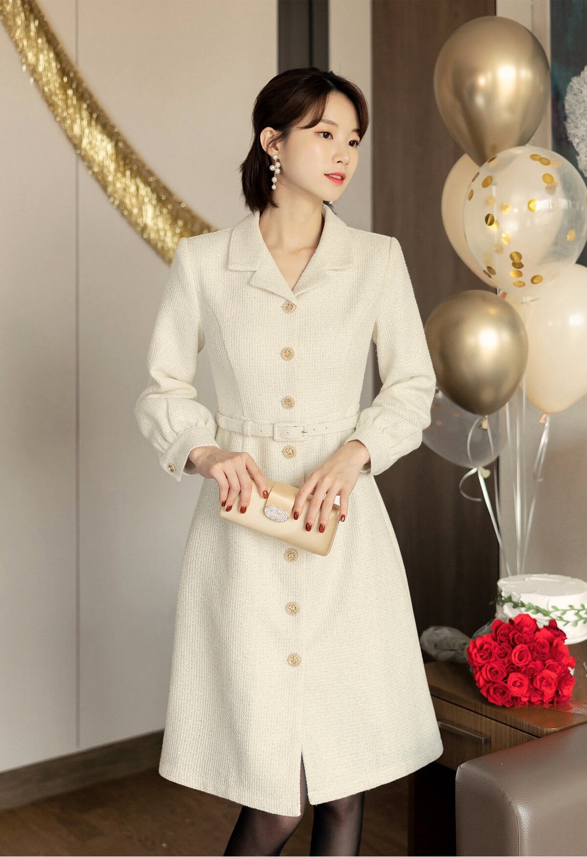 Luxury wear Elegant Tweed Dress in Cream Color / Korean Style Feminine Midi Dress / Elegant Classic Party Dress