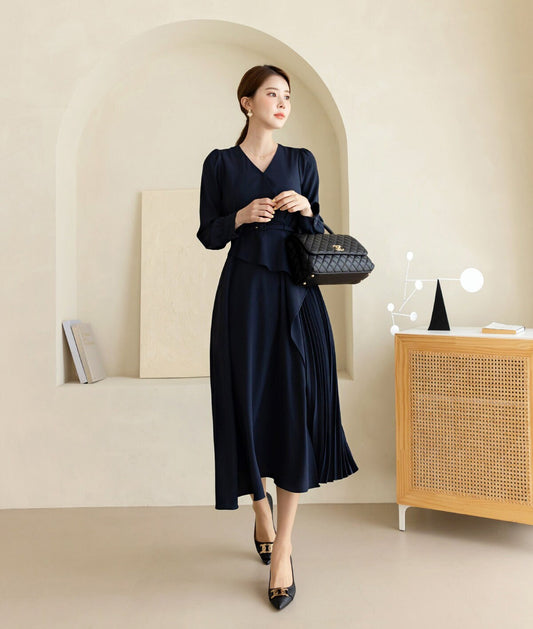 Navy draped Midi Dress with Belt / V-neck Unbalance Side Pleated Long Dress / Korean Style Women Dress / Elegant Feminin Dress