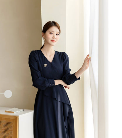 Navy draped Midi Dress with Belt / V-neck Unbalance Side Pleated Long Dress / Korean Style Women Dress / Elegant Feminin Dress