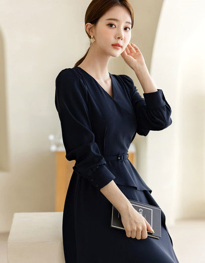 Navy draped Midi Dress with Belt / V-neck Unbalance Side Pleated Long Dress / Korean Style Women Dress / Elegant Feminin Dress