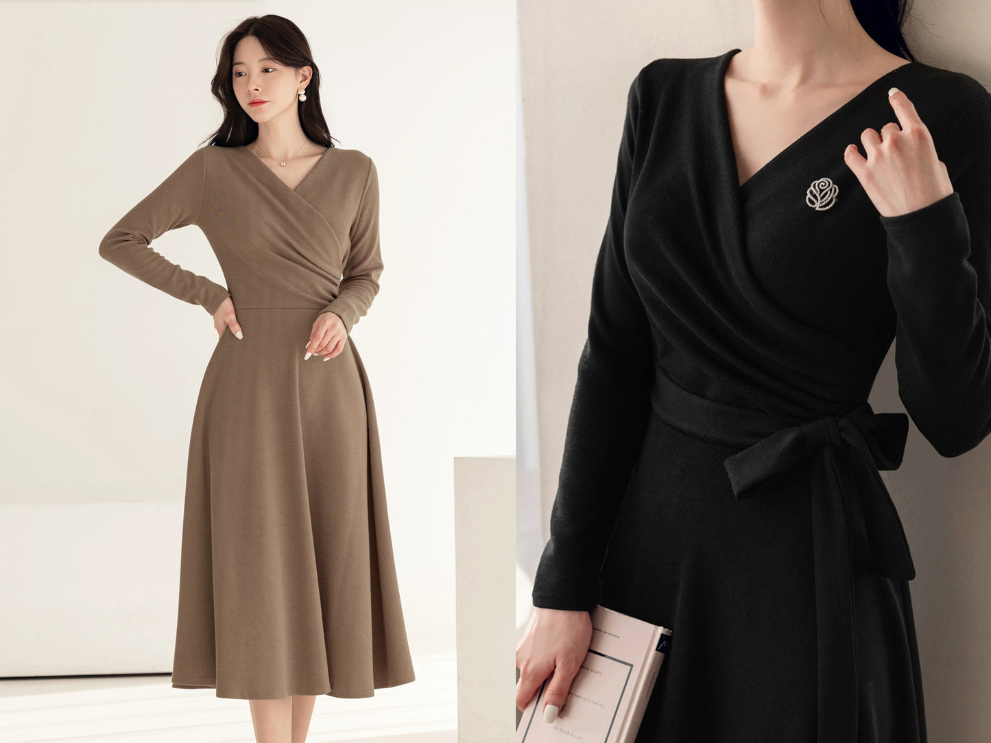 Feminin Long Sleeve Drape Shirring Flare Dress / Korean Style Classic Midi Dress / Basic Long Sleeve Warm Dress