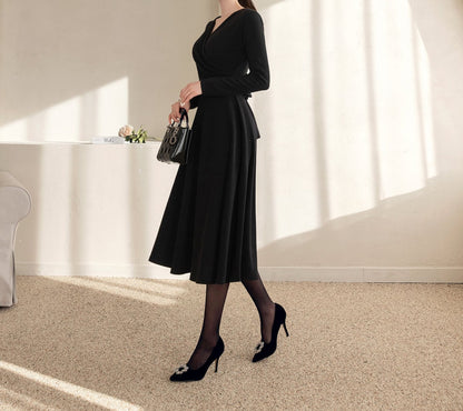 Feminin Long Sleeve Drape Shirring Flare Dress / Korean Style Classic Midi Dress / Basic Long Sleeve Warm Dress