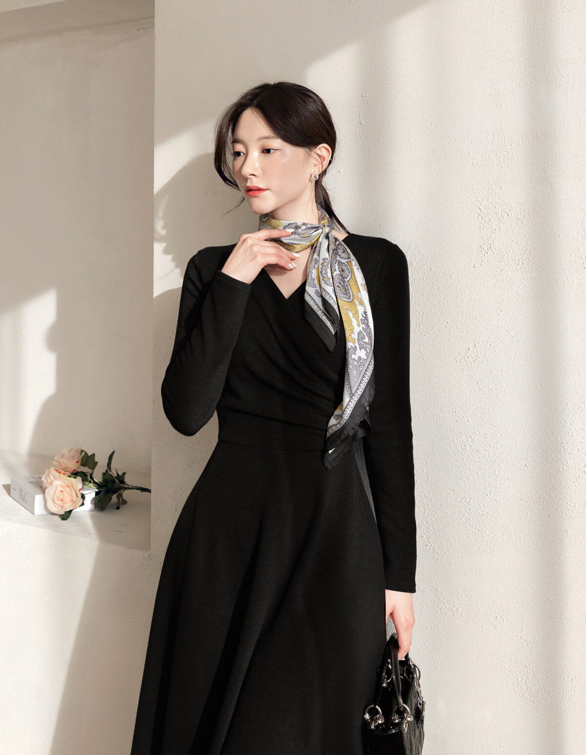 Feminin Long Sleeve Drape Shirring Flare Dress / Korean Style Classic Midi Dress / Basic Long Sleeve Warm Dress