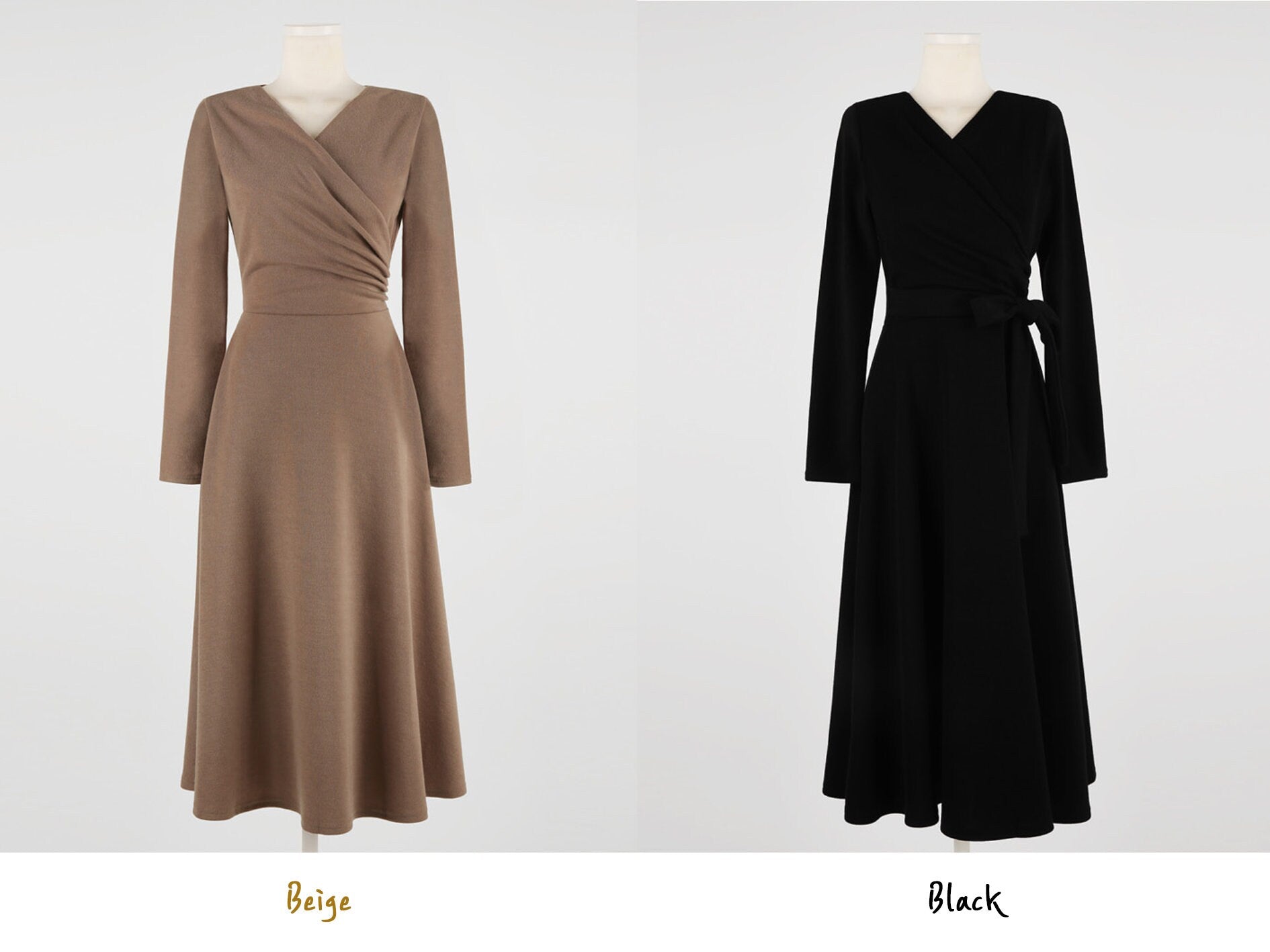 Feminin Long Sleeve Drape Shirring Flare Dress / Korean Style Classic Midi Dress / Basic Long Sleeve Warm Dress