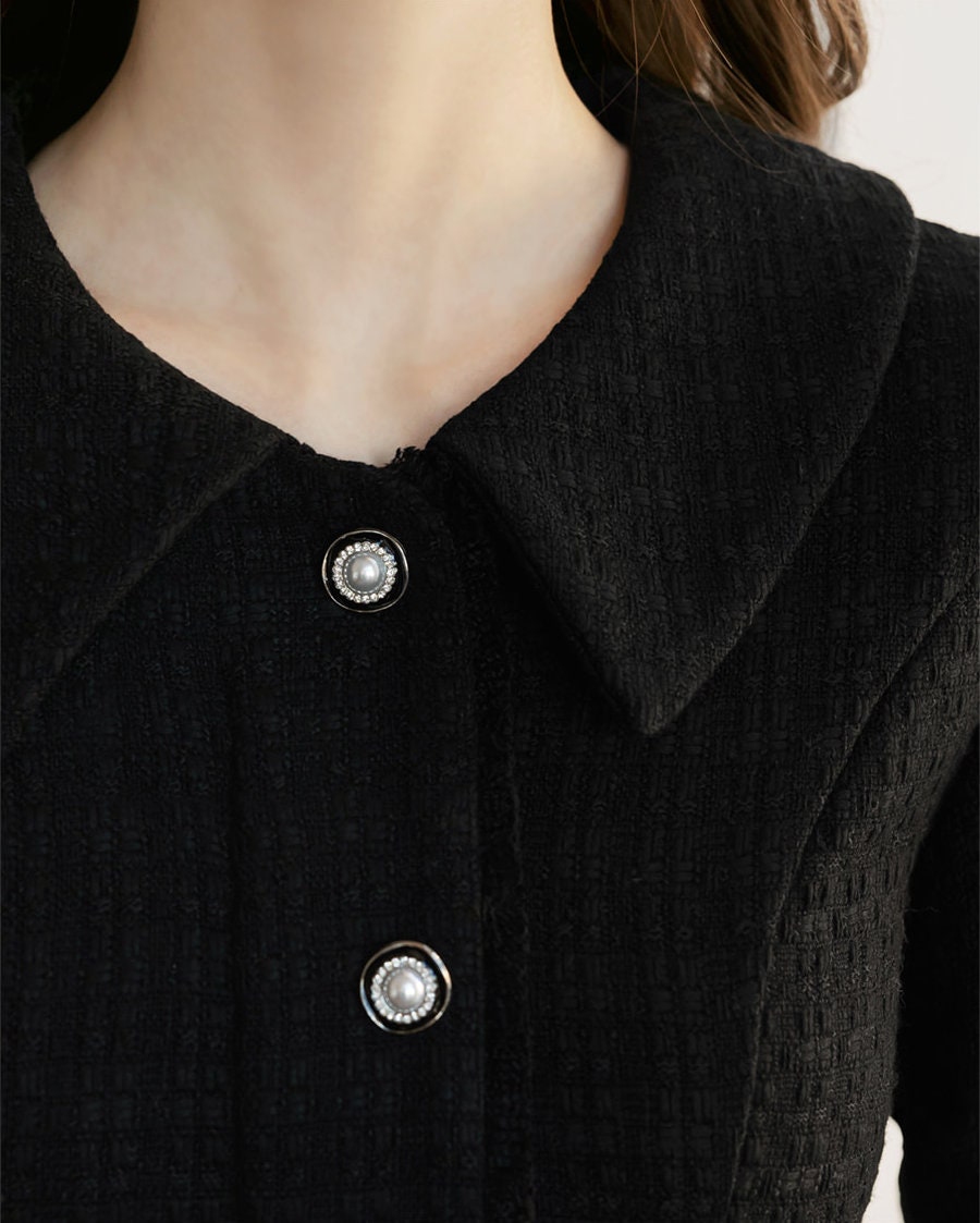 Elegant Black Tweed Dress / Korean Style Winter Mini Dress / Luxury wear Elegant Dress