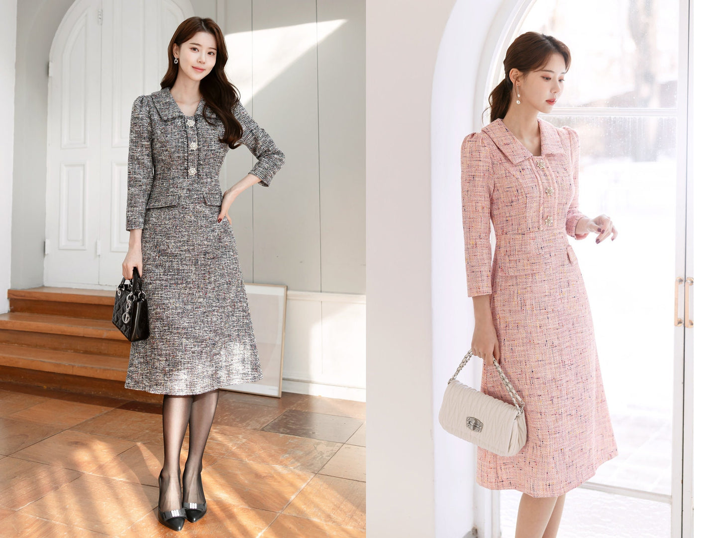 Classic Elegant Tweed Dress with Jewel Button / Korean Style Feminine Midi Dress / Luxury wear Elegant Party Dress