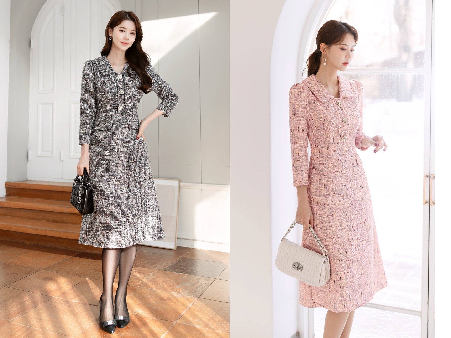 Classic Elegant Tweed Dress with Jewel Button / Korean Style Feminine Midi Dress / Luxury wear Elegant Party Dress