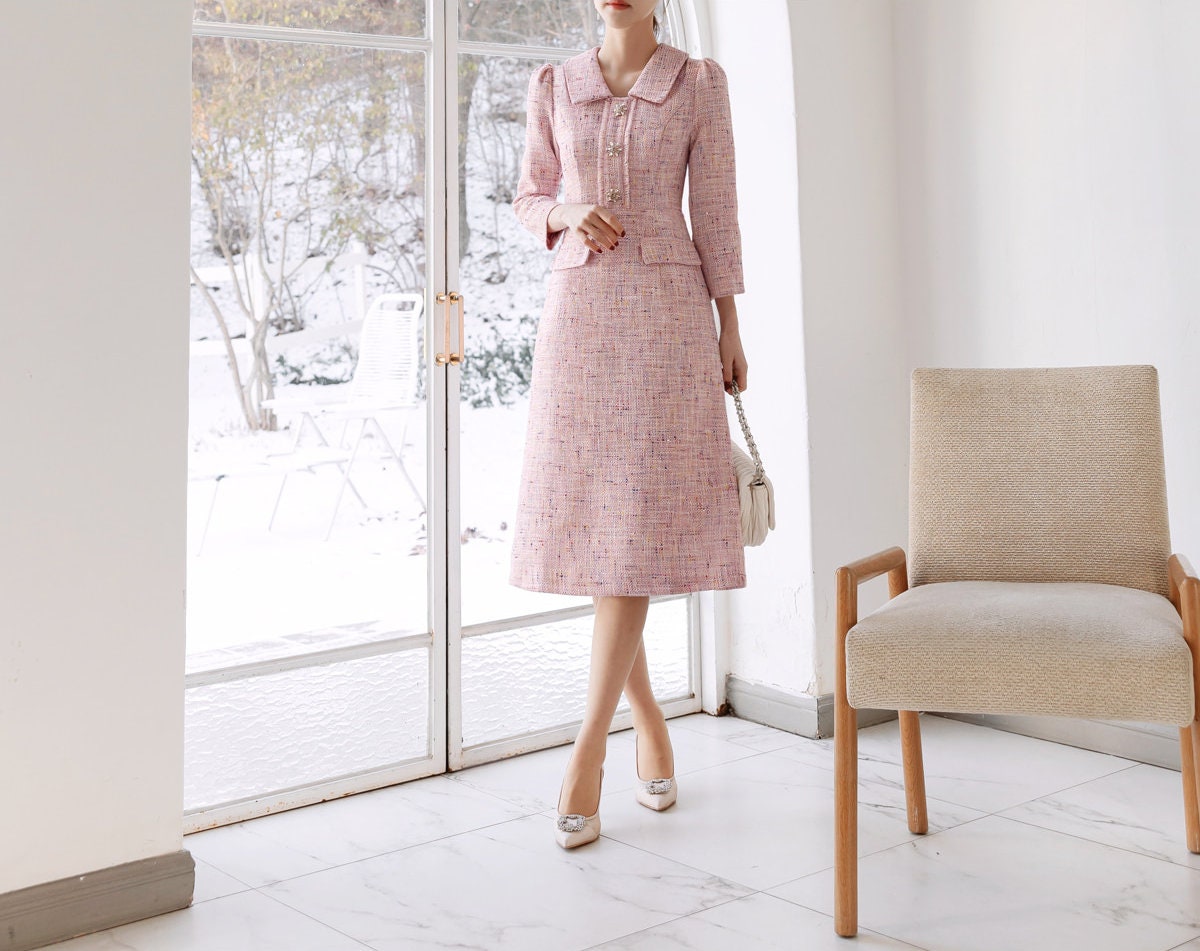 Classic Elegant Tweed Dress with Jewel Button / Korean Style Feminine Midi Dress / Luxury wear Elegant Party Dress