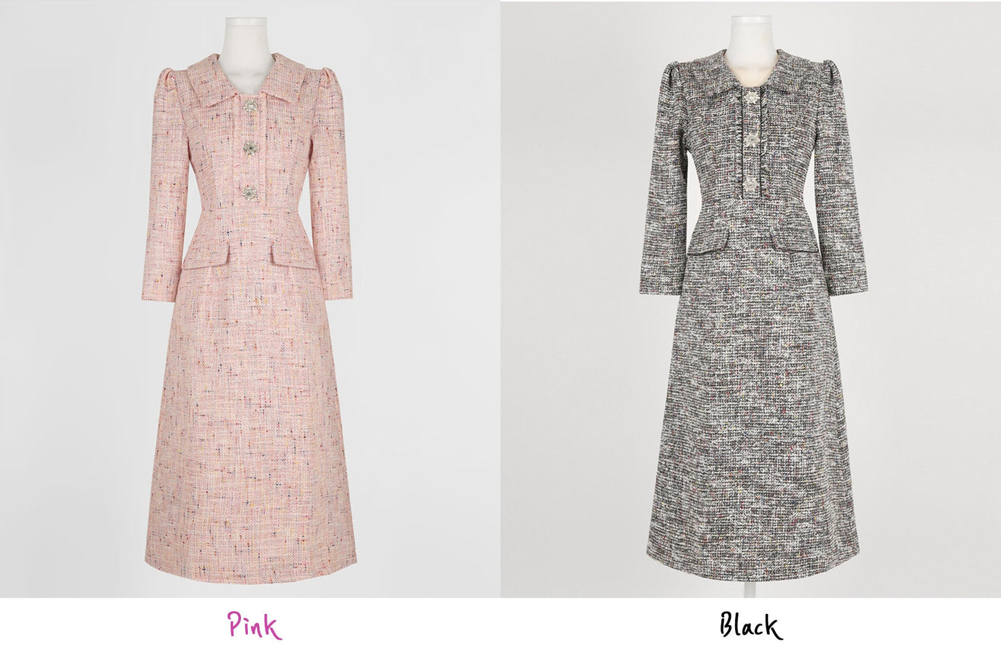 Classic Elegant Tweed Dress with Jewel Button / Korean Style Feminine Midi Dress / Luxury wear Elegant Party Dress