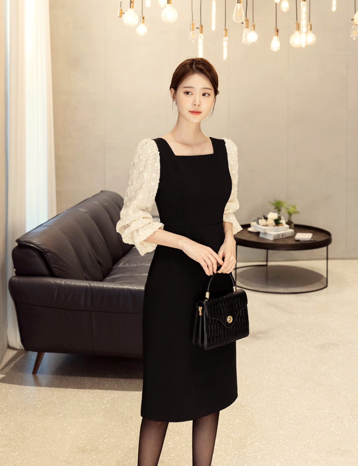 Feminine Elegant Square Neck Dress, Korean Style Midi Dress with Long Sleeve / Elegant Luxury Dress