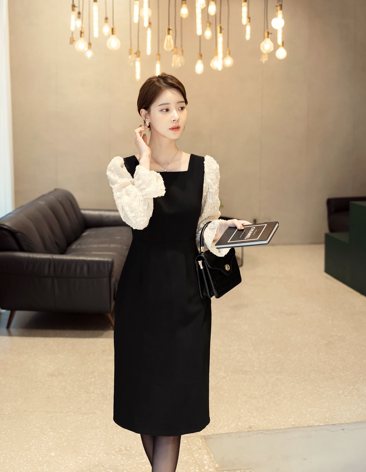 Feminine Elegant Square Neck Dress, Korean Style Midi Dress with Long Sleeve / Elegant Luxury Dress