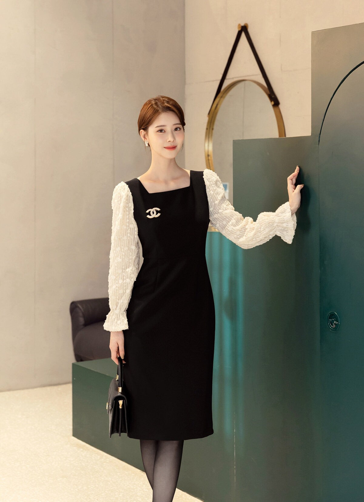 Feminine Elegant Square Neck Dress, Korean Style Midi Dress with Long Sleeve / Elegant Luxury Dress