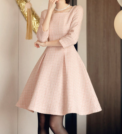 Elegant Classic Tweed Square Neck Flare Dress / Korean Style Feminine Mini Dress / Luxury wear Elegant Party Dress