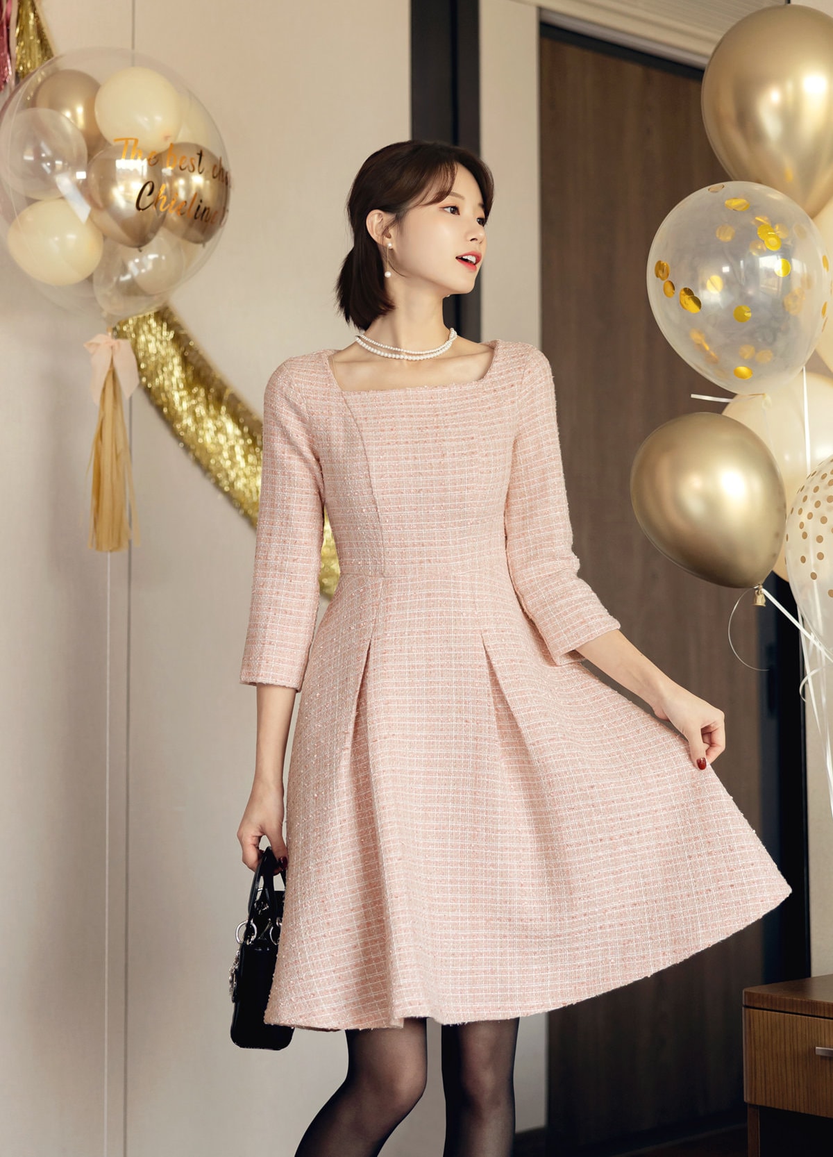 Elegant Classic Tweed Square Neck Flare Dress / Korean Style Feminine Mini Dress / Luxury wear Elegant Party Dress