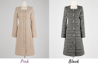 Elegant Classic Tweed Square Neck Dress with Pearl Button / Korean Style Feminine Mini Dress / Luxury wear Elegant Party Dress