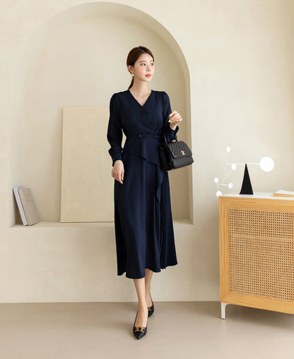 Navy draped Midi Dress with Belt / V-neck Unbalance Side Pleated Long Dress / Korean Style Women Dress / Elegant Feminin Dress