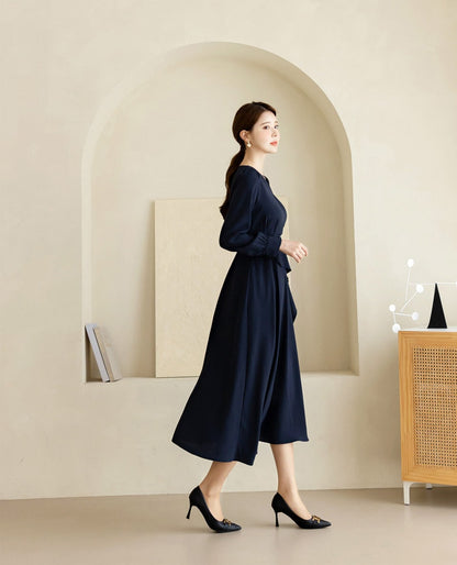 Navy draped Midi Dress with Belt / V-neck Unbalance Side Pleated Long Dress / Korean Style Women Dress / Elegant Feminin Dress