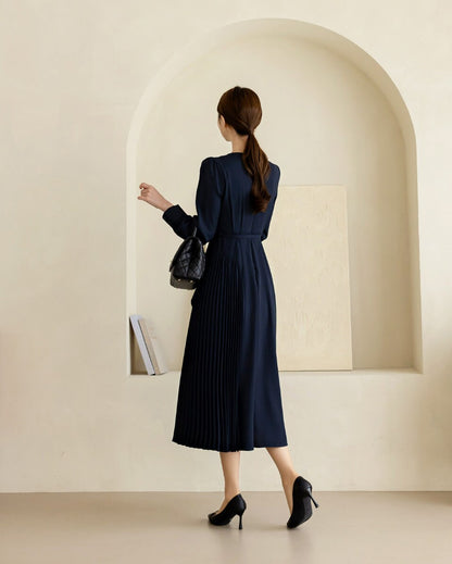 Navy draped Midi Dress with Belt / V-neck Unbalance Side Pleated Long Dress / Korean Style Women Dress / Elegant Feminin Dress