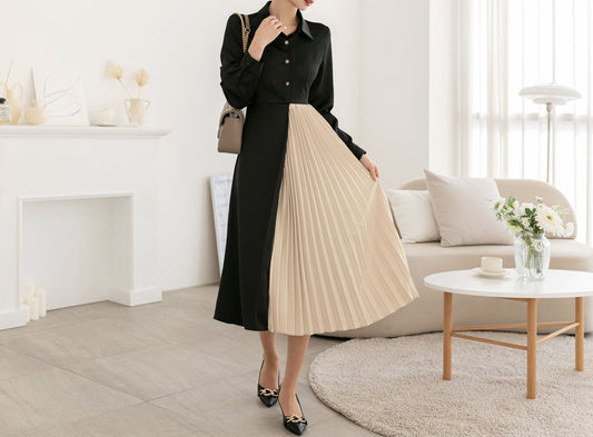 Black and Beige Midi Dress with Strap / Unbalance Side Pleated Long Dress / Korean Style Women Dress / Elegant Feminin Dress