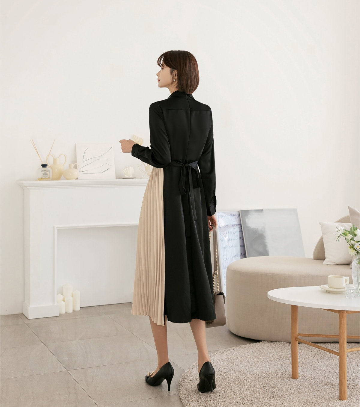 Black and Beige Midi Dress with Strap / Unbalance Side Pleated Long Dress / Korean Style Women Dress / Elegant Feminin Dress