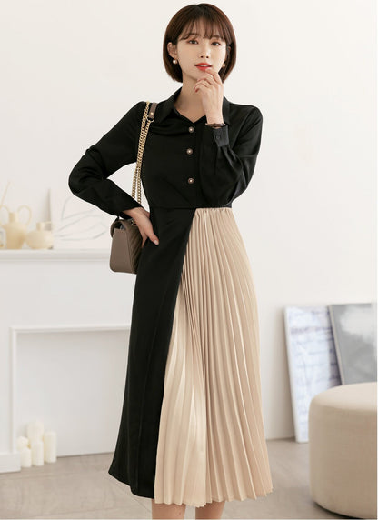 Black and Beige Midi Dress with Strap / Unbalance Side Pleated Long Dress / Korean Style Women Dress / Elegant Feminin Dress