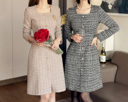 Elegant Classic Tweed Square Neck Dress with Pearl Button / Korean Style Feminine Mini Dress / Luxury wear Elegant Party Dress