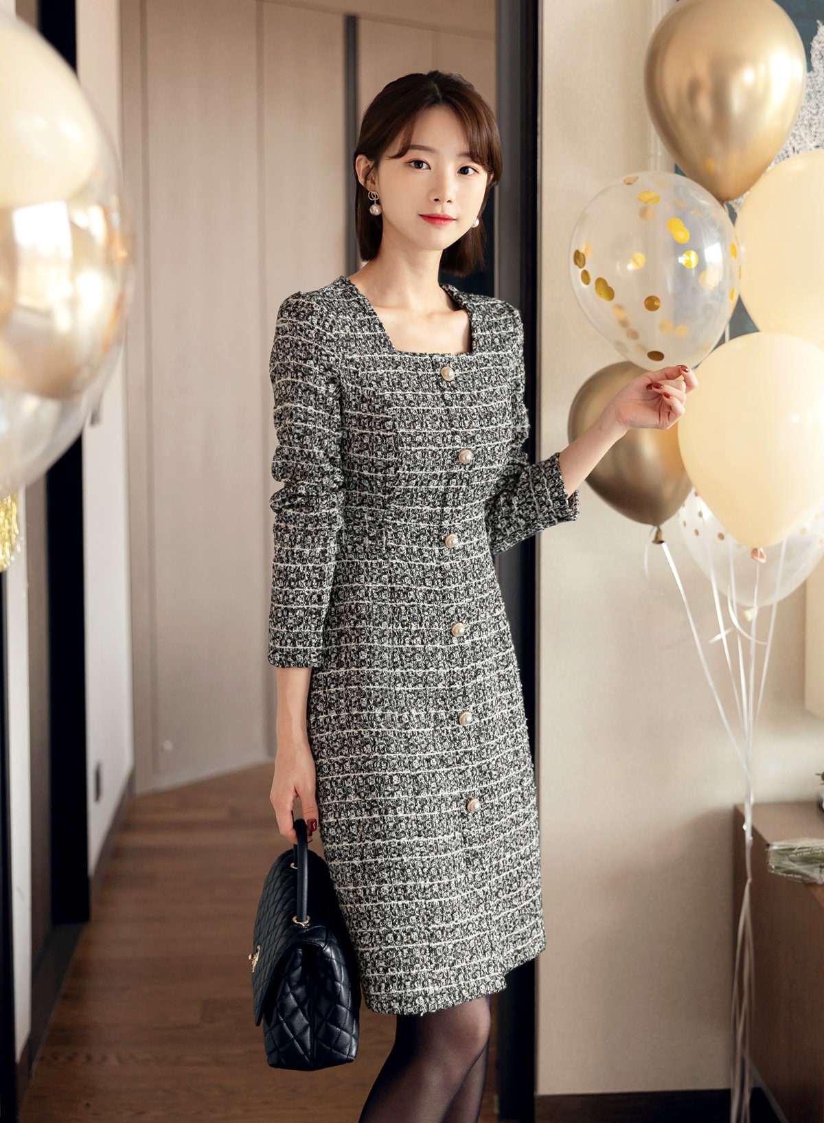 Elegant Classic Tweed Square Neck Dress with Pearl Button / Korean Style Feminine Mini Dress / Luxury wear Elegant Party Dress