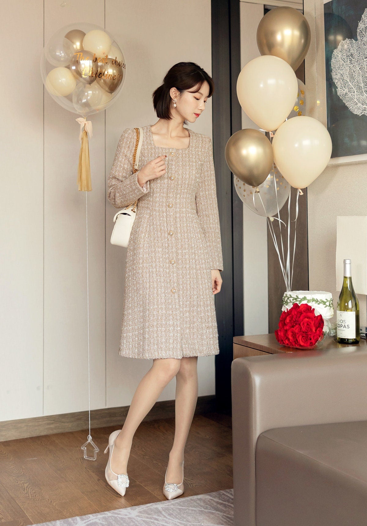 Elegant Classic Tweed Square Neck Dress with Pearl Button / Korean Style Feminine Mini Dress / Luxury wear Elegant Party Dress