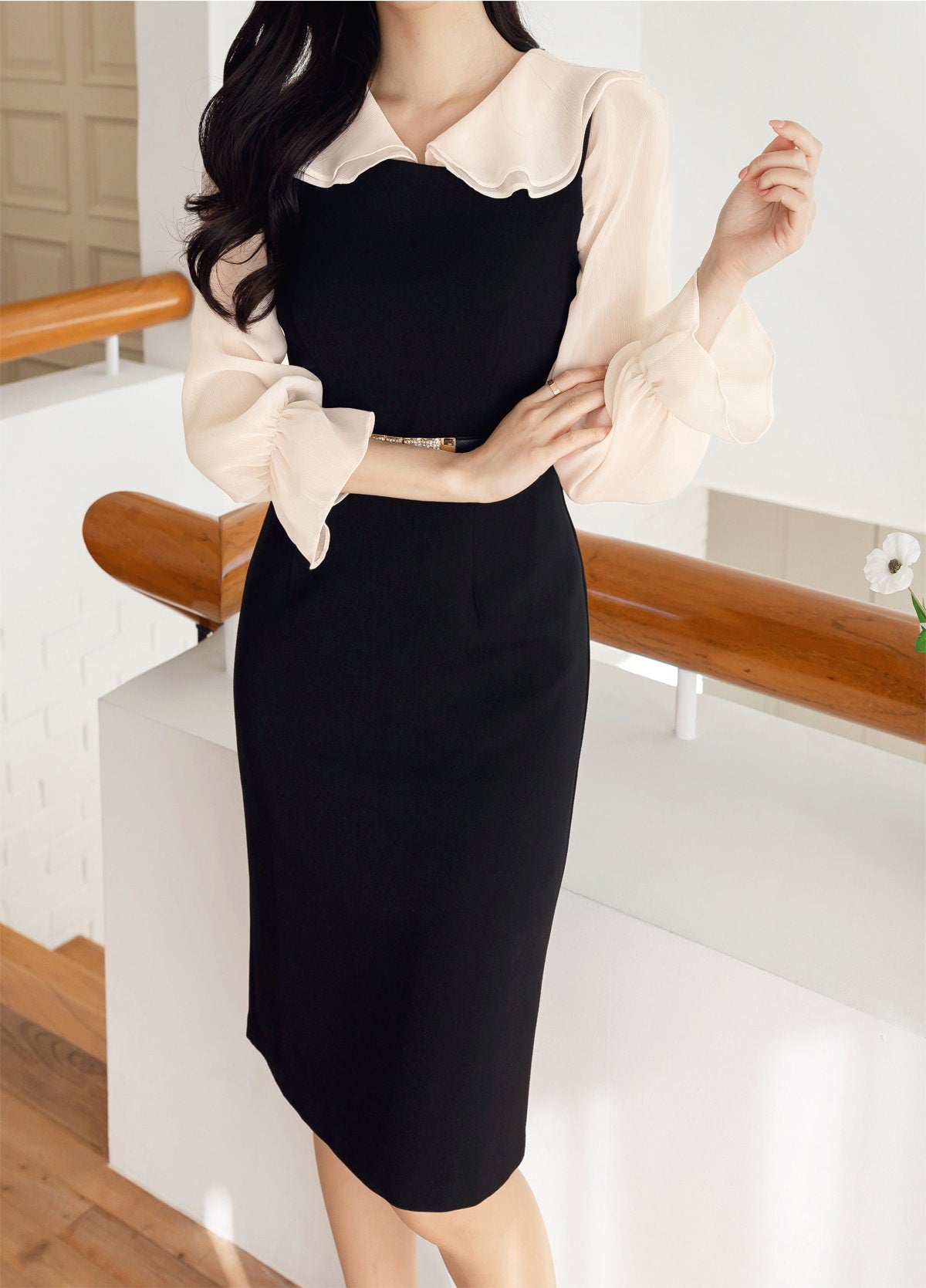 Lovely Feminine Long Sleeve Chiffon Blouse / Korean Style Wrinkle Chiffon Ruffled collar Blouse Top / Office Look Top / Everyday Soft Blouse