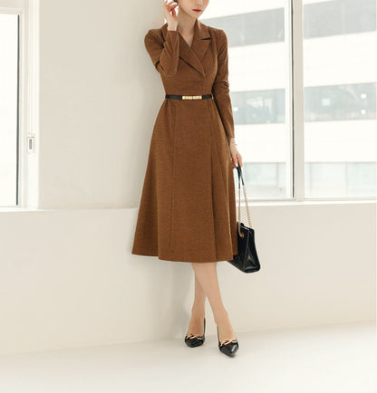 Tailored Collar Tweed Midi Dress Jacket Style Dress / Korean Style Elegant Feminin Midi Dress / Long Sleeve Chic Luxury Jacket Style Dress