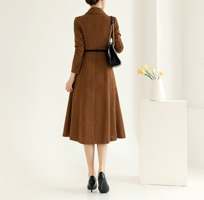 Tailored Collar Tweed Midi Dress Jacket Style Dress / Korean Style Elegant Feminin Midi Dress / Long Sleeve Chic Luxury Jacket Style Dress